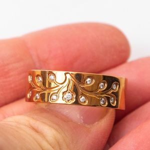 Rose gold tone tree of life engraved stainless steel band ring Steel by Design